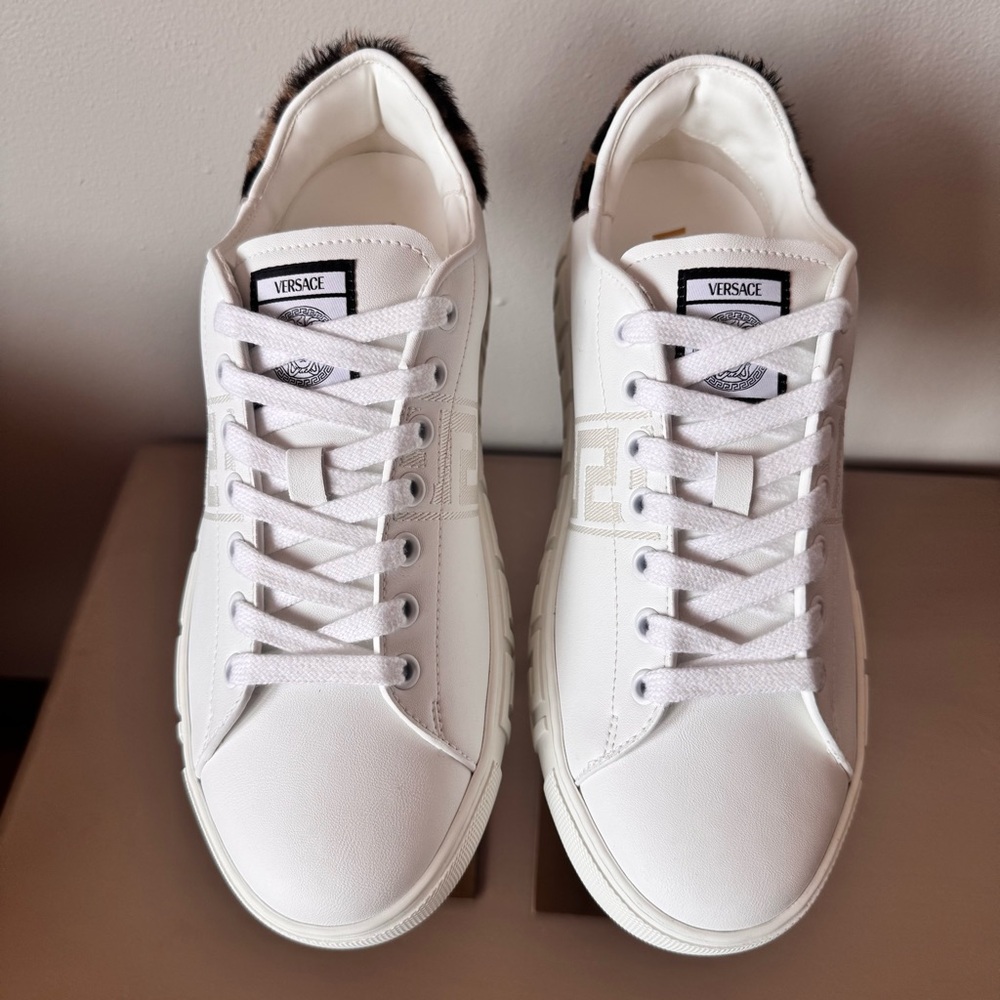 Versace Greca Calf Hair Low Top Sneakers White Leopard Heel Size 39.5 NWT - Picture 5 of 13